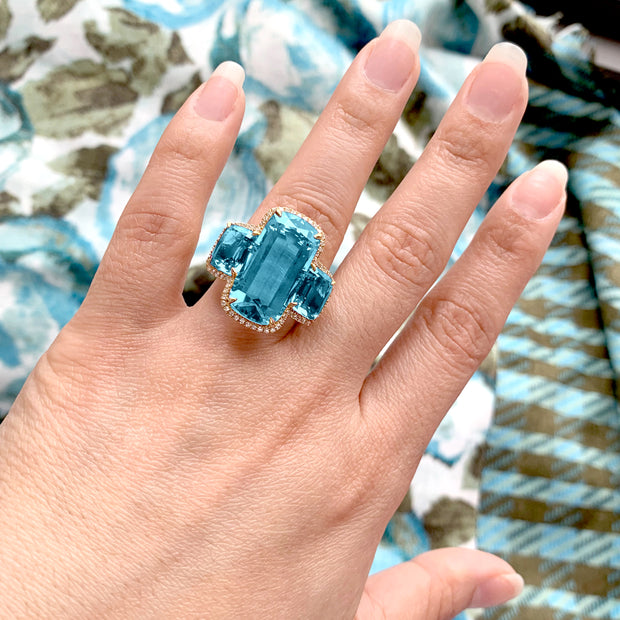 Blue Topaz 3 Stone Cushion Ring with Diamonds