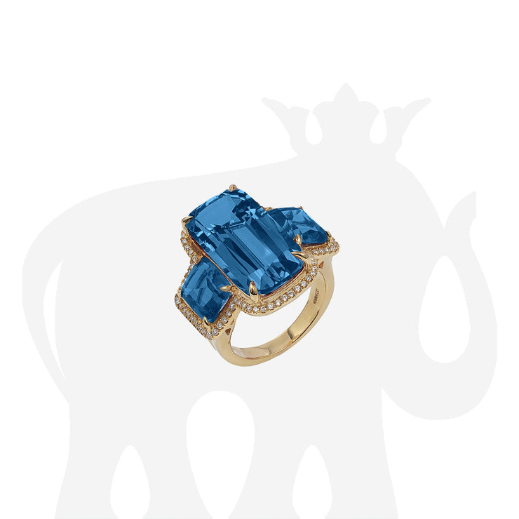 London Blue Topaz 3 Stone Cushion Ring with Diamonds