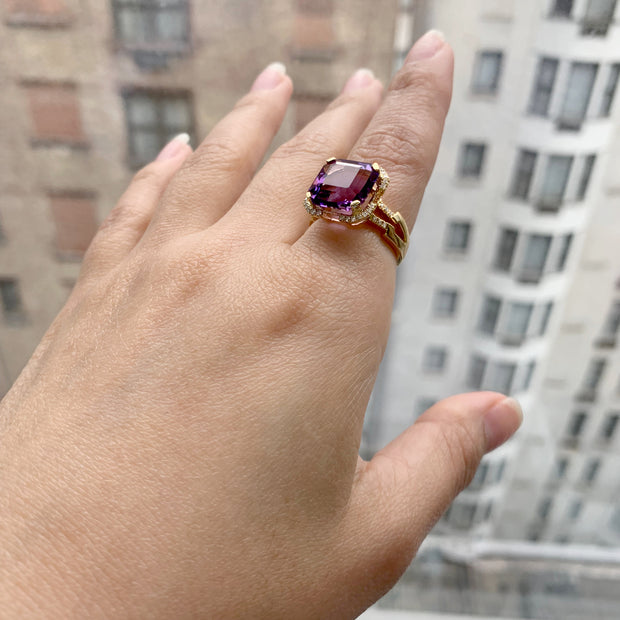 Amethyst Square Emerald Cut Ring with Diamonds