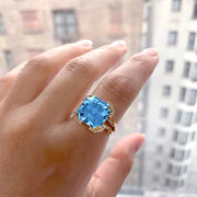 Blue Topaz Square Emerald Cut Ring with Diamonds