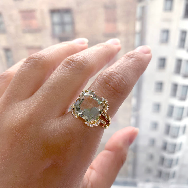 Prasiolite Square Emerald Cut Ring with Diamonds