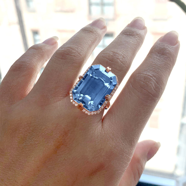 London Blue Topaz Emerald Cut Ring with Diamonds