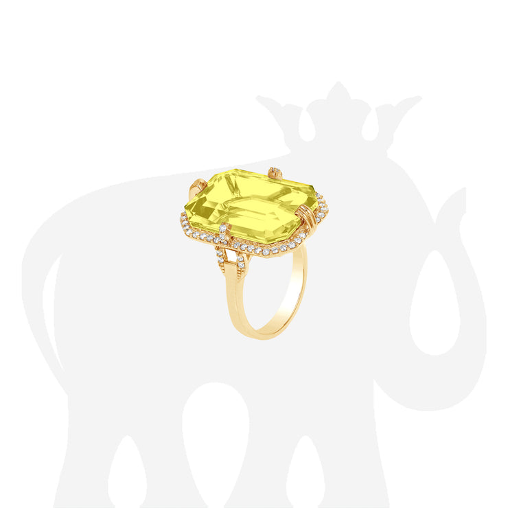 Lemon Quartz Emerald Cut Ring with Diamonds