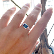 London Blue Topaz  Small Emerald Cut Ring with Diamonds