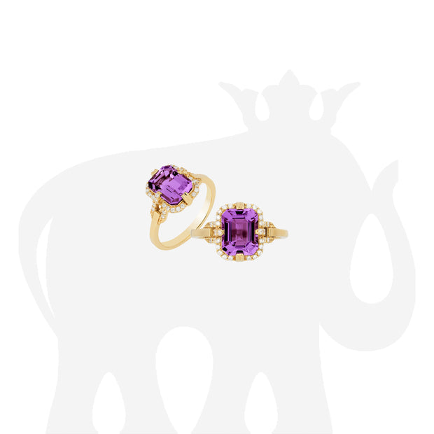 Amethyst Small Emerald Cut Ring with Diamonds