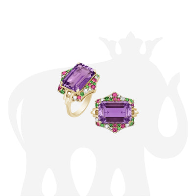 Emerald Cut Amethyst, Pink Sapphire and Tsavorite Ring with Diamonds