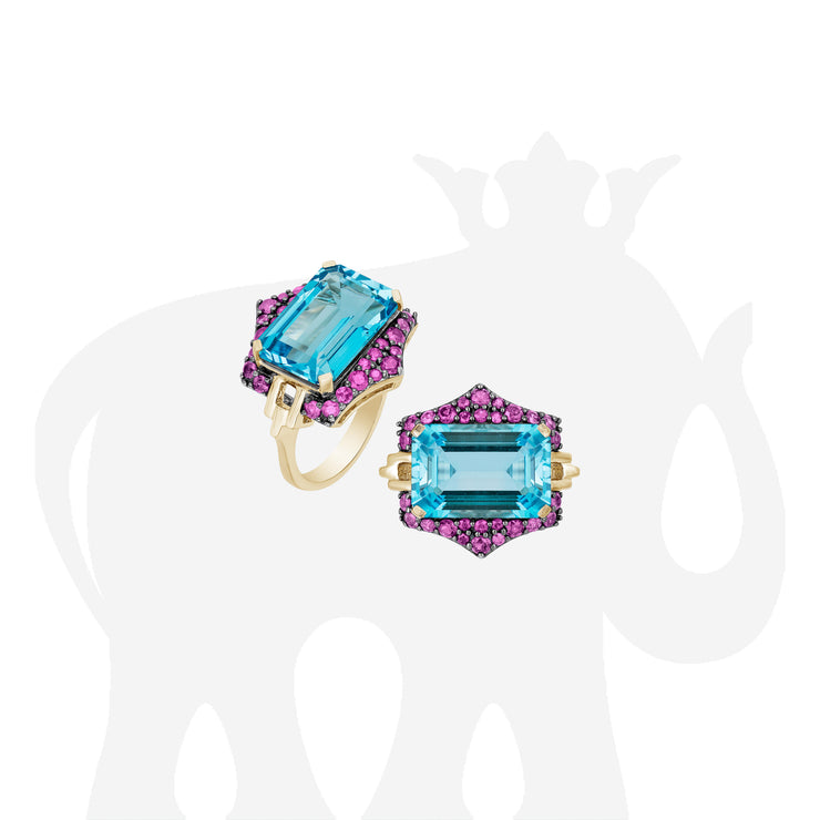 Blue Topaz Emerald Cut Ring with Pink Sapphires