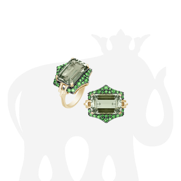 Prasiolite Emerald Cut Ring with Tsavorite