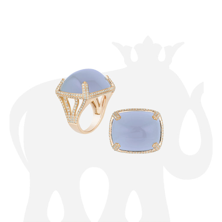 Blue Chalcedony Cabochon Ring With Diamond