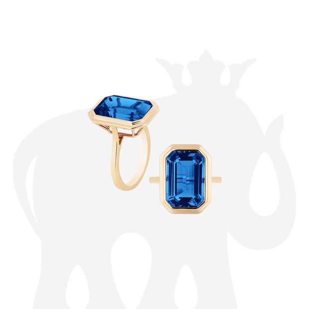 London Blue Topaz Emerald Cut Bezel Set Ring