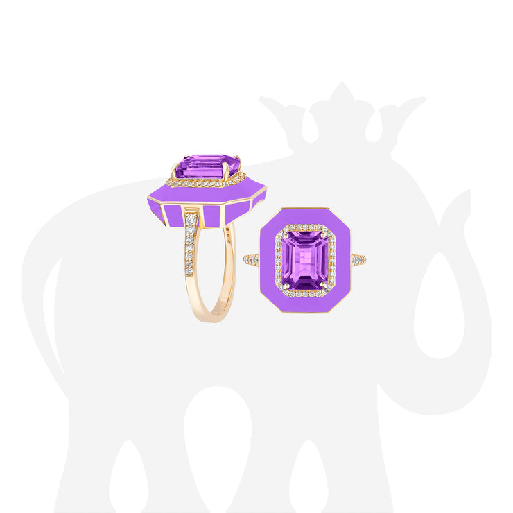 Amethyst Emerald Cut Ring with Purple Enamel and Diamonds