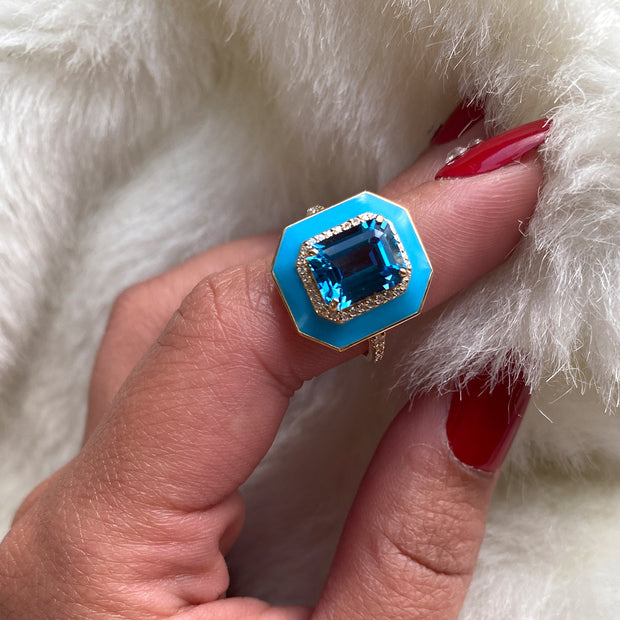 Blue Topaz Emerald Cut Ring with Turquoise Enamel and Diamonds
