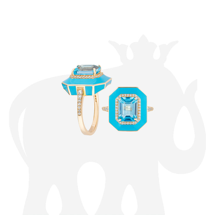 Blue Topaz Emerald Cut Ring with Turquoise Enamel and Diamonds
