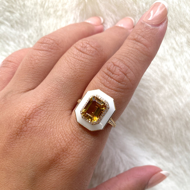 Citrine Emerald Cut Ring with White Enamel and Diamonds
