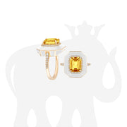 Citrine Emerald Cut Ring with White Enamel and Diamonds