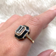 Rock Crystal Emerald Cut Ring with Black Enamel and Diamonds
