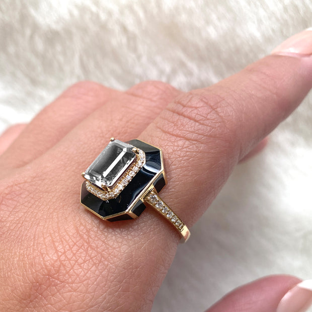 Rock Crystal Emerald Cut Ring with Black Enamel and Diamonds