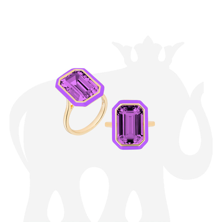 Amethyst Emerald Cut Ring with Purple Enamel