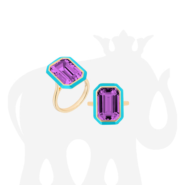 Amethyst Emerald Cut Ring With Turquoise Enamel