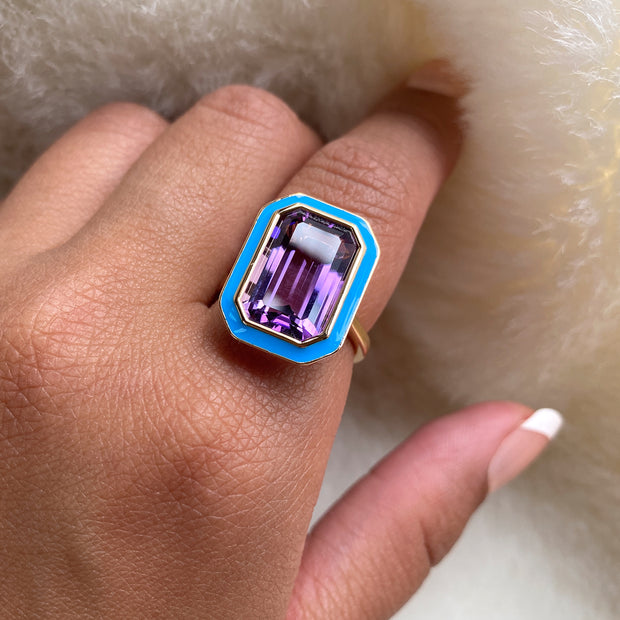 Amethyst Emerald Cut Ring and Earrings with Turquoise Enamel