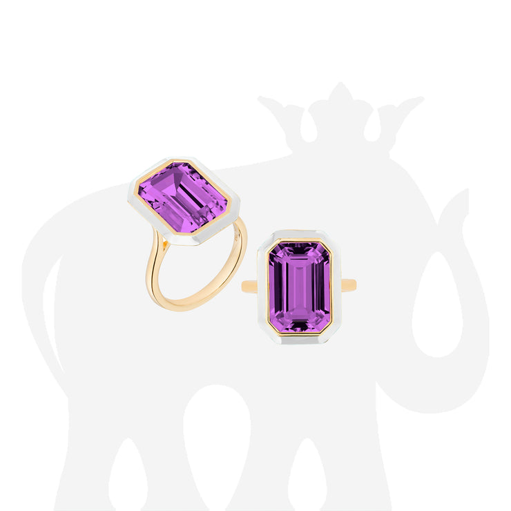 Amethyst Emerald Cut Ring and Earrings with White Enamel