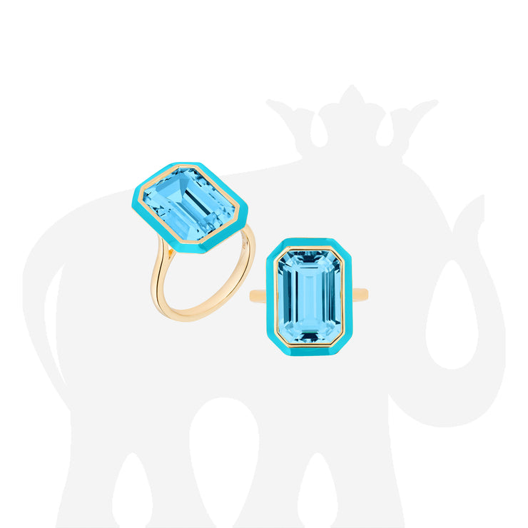 Blue Topaz Emerald Cut Ring and Earrings with Turquoise Enamel