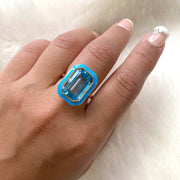 Blue Topaz Emerald Cut Ring and Earrings with Turquoise Enamel