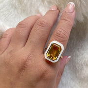 Citrine Emerald Cut Ring with White Enamel