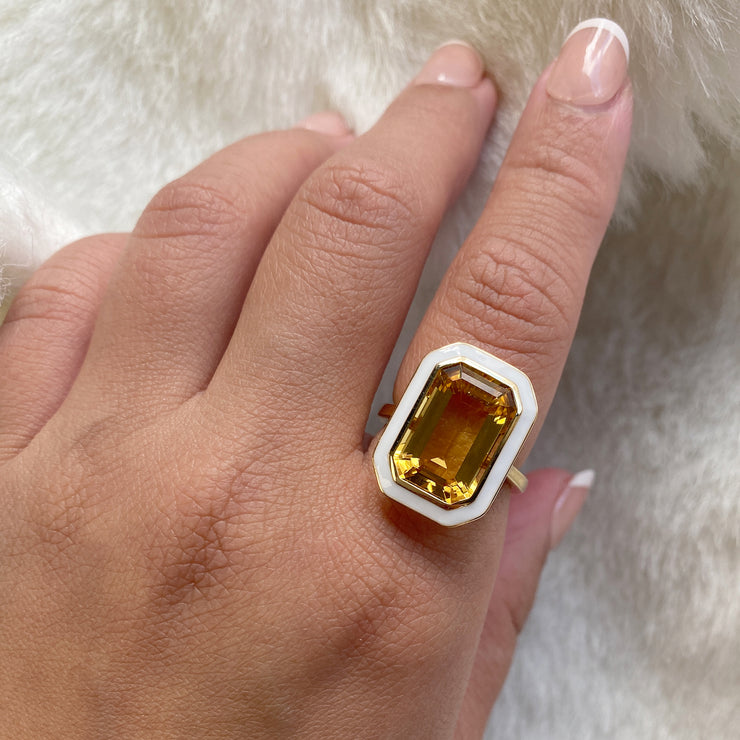 Citrine Emerald Cut Ring with White Enamel