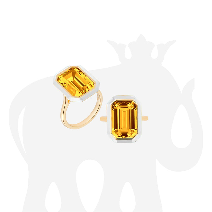 Citrine Emerald Cut Ring with White Enamel