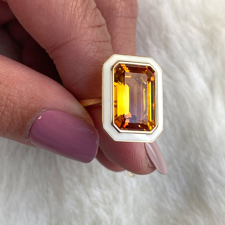 Citrine Emerald Cut Ring with White Enamel