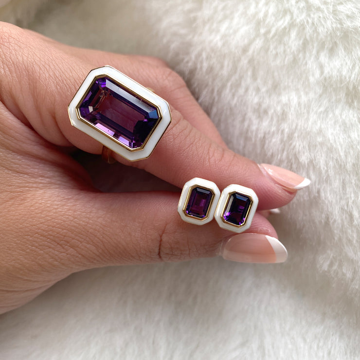 Amethyst Emerald Cut Ring and Earrings with White Enamel