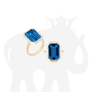 London Blue Topaz Emerald Cut Ring with White Enamel