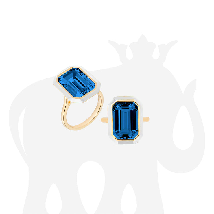 London Blue Topaz Emerald Cut Ring & Earrings with White Enamel