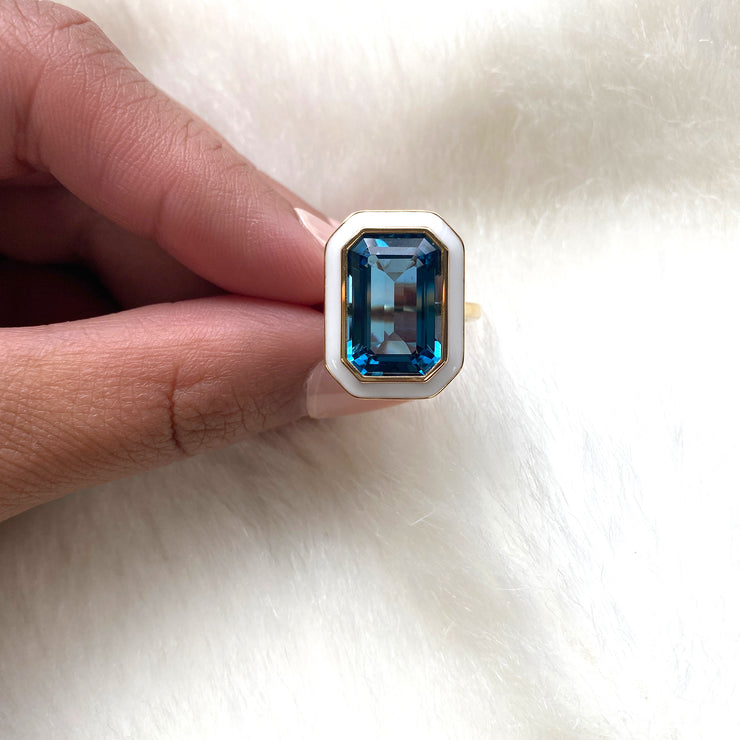 London Blue Topaz Emerald Cut Ring with White Enamel