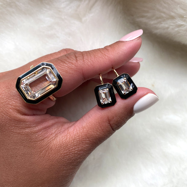 Rock Crystal Emerald Cut Ring and Earrings with Black Enamel