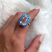 Rock Crystal Emerald Cut Ring With Turquoise Enamel