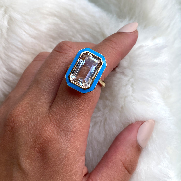 Rock Crystal Emerald Cut Ring With Turquoise Enamel