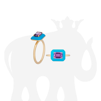 Amethyst Emerald Cut East West Ring with Turquoise Enamel