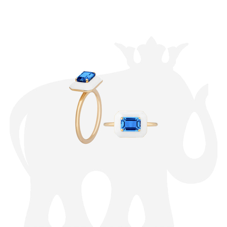 London Blue Topaz Emerald Cut East West Ring with White Enamel