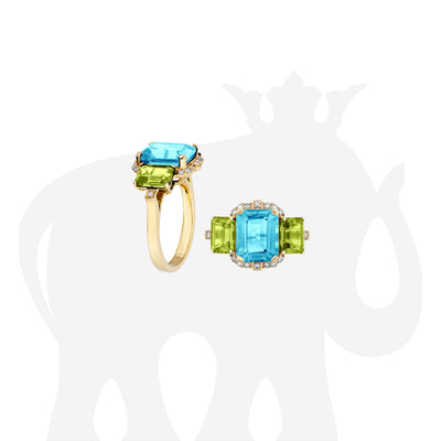 3 Stone Blue Topaz and Peridot Emerald Cut Ring with Diamonds