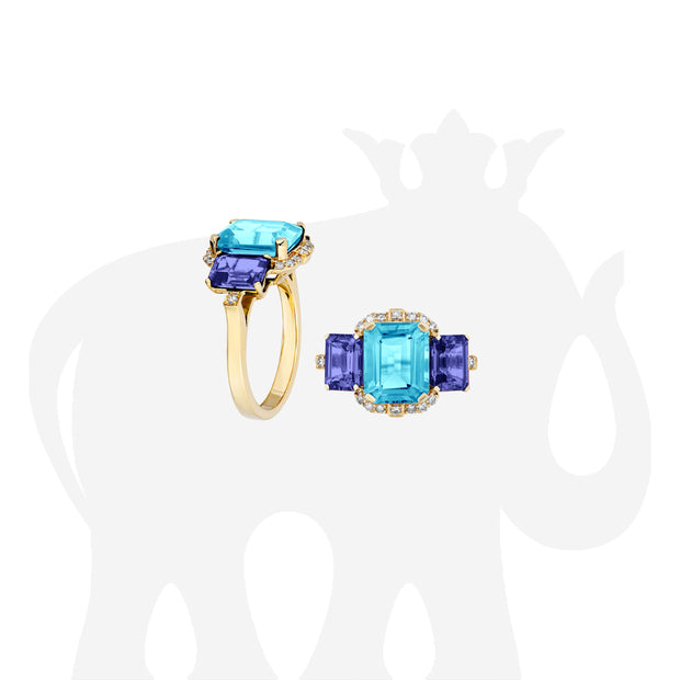 3 Stone Blue Topaz and Tanzanite Emerald Cut Ring with Diamonds