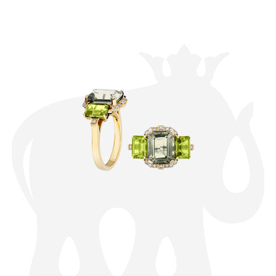 3 Stone Prasiolite and Peridot Emerald Cut Ring with Diamonds