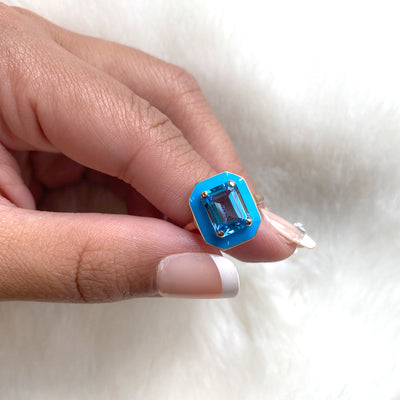 Emerald Cut Blue Topaz Ring with Turquoise Enamel