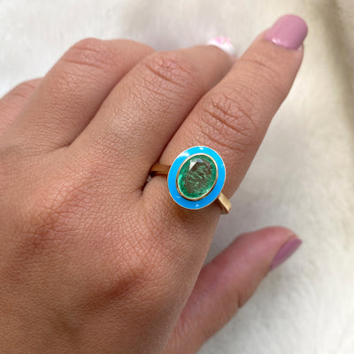 Faceted Oval Emerald Ring with Turquoise Enamel
