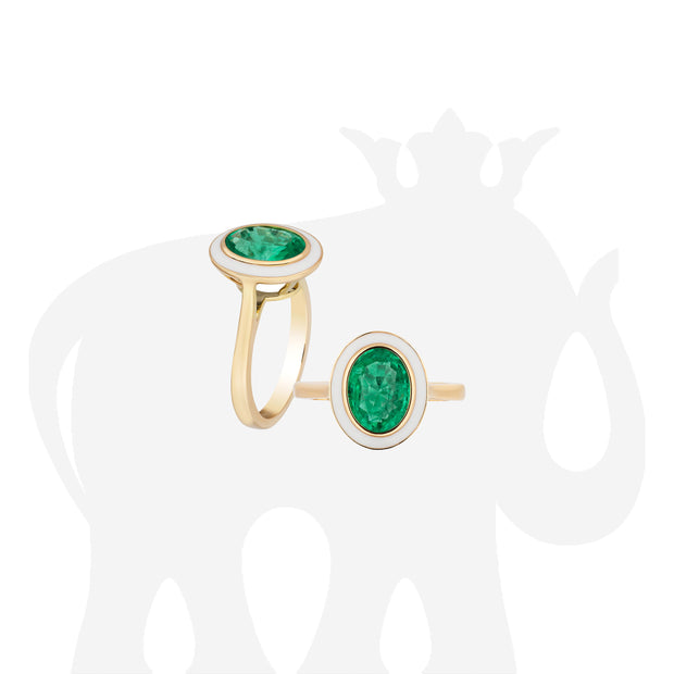 Faceted Oval Emerald Ring with White Enamel
