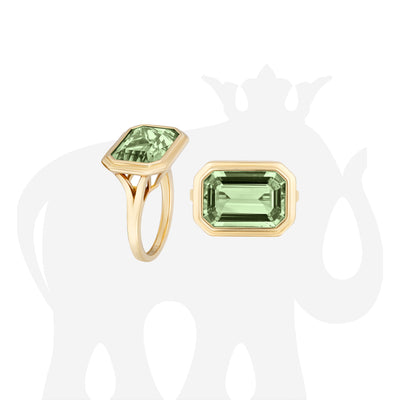 East-West Prasiolite Emerald Cut Bezel Set Ring