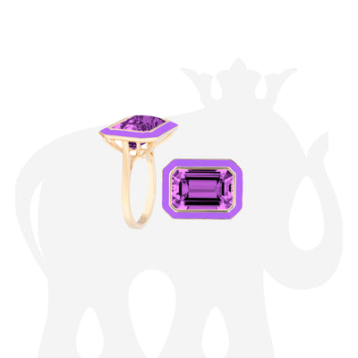 East-West Amethyst Emerald Cut Ring with Purple Enamel