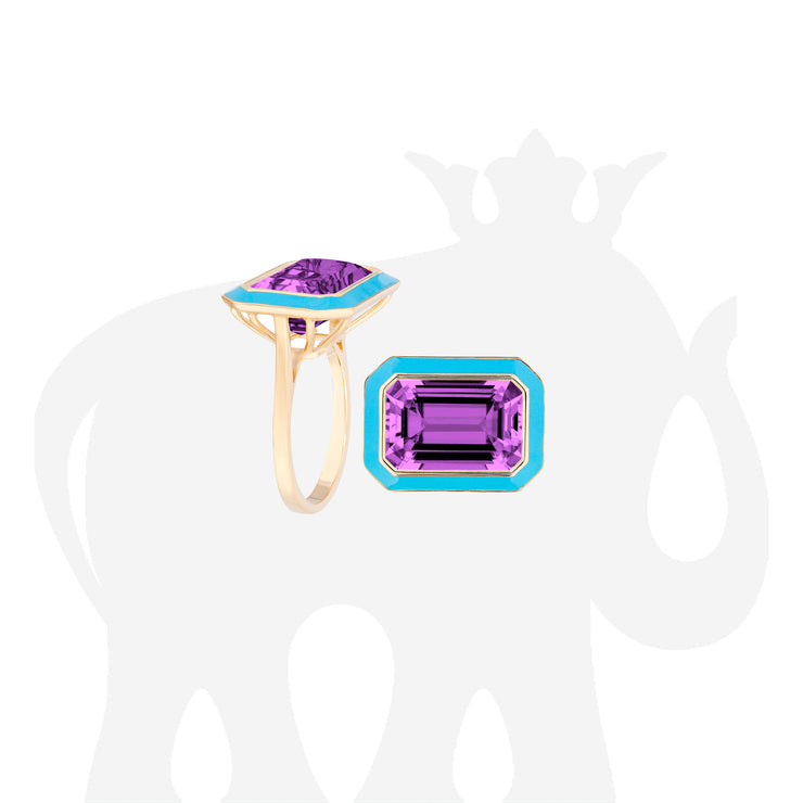 East-West Amethyst Emerald Cut Ring with Turquoise Enamel