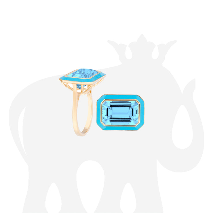 East-West Blue Topaz Emerald Cut Ring with Turquoise Enamel